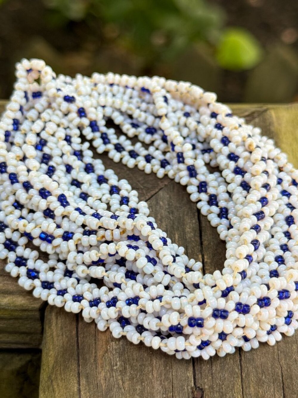 Vintage Seed Bead Flower Long Necklace – White & Blue